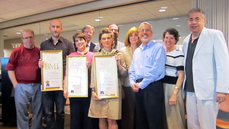 Pictured at the 12th Annual BMI Foundation Jerry Harrington Awards for Creative Excellence presentation are first-year student winner Jonathan Monro; advanced-class student winner Mary Liz McNamara; BMI’s Pat Cook; librettist winner Katherine Burger; steering committee members Jack Lechner, Nancy Golladay, Rick Freyer, Jane Smulyan, and Frank Evans. Not pictured is second year winner Andy Roninson.