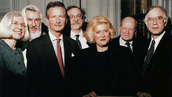 Shown looking over some of the Haverlin Collection in 1996 are Houghton Library's Barbara Wolff, Roger Stoddard and Richard Wendorf, David Sanjek, former BMI President & CEO Frances Preston, former BMI board chairman Don Thurston, and Harvard's Dr. Christoph Wolff.