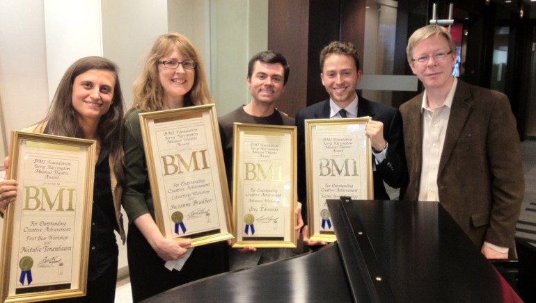 Pictured at the 13th Annual BMI Foundation Jerry Harrington Awards for Creative Excellence presentation are first-year winner Natalie Tenenbaum; librettist winner Suzanne Bradbeer; third-year winner Greg Edwards; second-year winner Benjamin Velez; and BMI’s Patrick Cook.