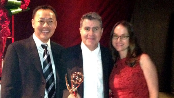 Pictured: BMI’s Ray Yee, composer Javier Navarrete and BMI’s Lisa Feldman celebrate Navarrete’s 2012 Emmy win.