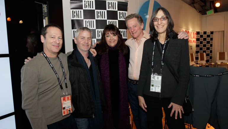 Pictured at BMI's composer/director roundtable are composer Cliff Martinez (<em>Arbitrage</em>) and composer/Sundance Composers Lab advisor Blake Neely; BMI’s Doreen Ringer Ross; and composers Michael Bacon (<em>Slavery by Another Name</em>) and Miriam Cutler (<em>Ethel</em>).
