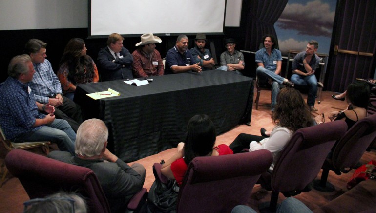 Pictured L-R:  Songwriter and moderator Stacy Widelitz, BMI’s David Preston, Rachel Rodriguez,  AristoMedia Group’s Jeff Walker, Bobby Marquez, Sipho Dumasane, Danny Salazar, Pino Squillace, Phoenix Mendoza and Sammy Arriaga