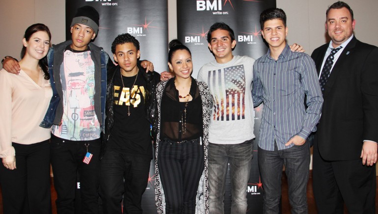 Pictured (L-R) are: BMI's Carolina Arenas, BMI songwriters BB Bronx, Esme Melody, Eli Jas, Carlos Escalona and Valentino, and Celia Cruz Bronx High School of Music Principal Jerrod Mabry.