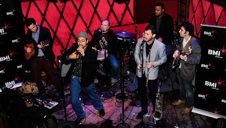 Onstage during Hola Fall!, an evening of Latin rhythms at Rockwood Music Hall in New York City on October 23, are Los Hacheros.