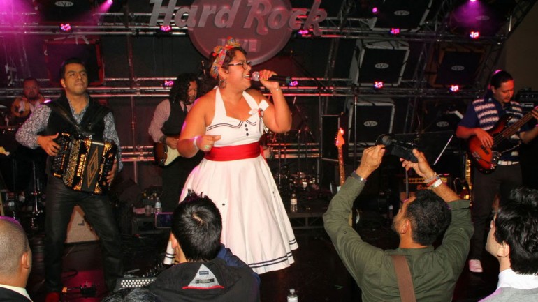 Pictured: La Santa Cecilia closes out the 2013 BMI Los Producers Charity Show with an 80s medley.