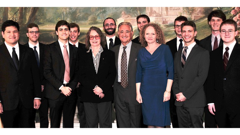 Pictured: L-R: Michael-Thomas Foumai, William Dougherty, Juan Pablo Contreras, Chris Rogerson, Permanent Chair of the Awards Ellen Taaffe Zwilich, Michael Schachter, BMI CEO and President Del Bryant, Stefan Cwik, Director of the Awards Deirdre Chadwick, Kurt Isaacson, Michael Gilbertson, Chris Chandler, Michael Parsons.