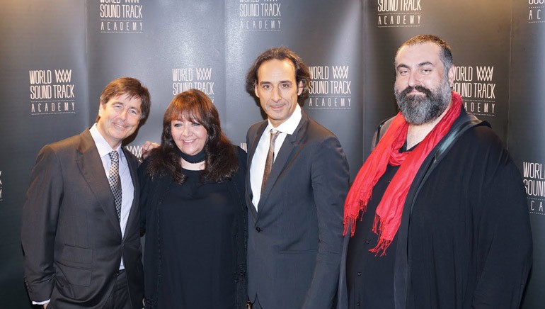 Pictured at the 2013 World Soundtrack Awards in Ghent, Belgium, are (L-R): BMI composer and nominee Thomas Newman, BMI’s Doreen Ringer-Ross, BMI composer Alexandre Desplat and BMI composer and Public Choice Award winner Rahman Altin. 