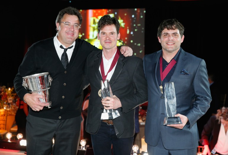 BMI Icon Vince Gill, Song of the Year scribe Ketch Secor, and Songwriter of the Year recipient Rhett Akins at the 2014 BMI Country Awards.