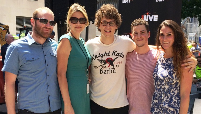 BMI’s Brandon Haas and Samantha Cox; Minor Soul’s Jack and Max Wagner; and BMI’s Sarah Middough gather for a photo after Minor Soul’s performance at the July 25 edition of BMI and Silverstein Properties’ 7@7 Concert Series in downtown Manhattan.