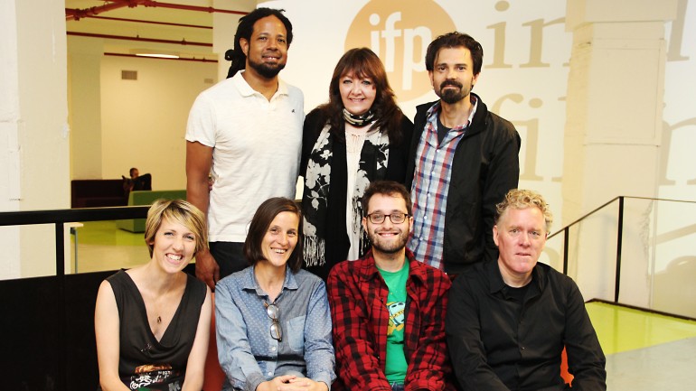 Pictured L-R at the 2014 IFP Independent Filmmaker Conference are: (back) music supervisor Barry Cole; BMI's Doreen Ringer-Ross; film composer Nathan Larson; (front) Amy Dotson, Deputy Director & Head of Programming; Susan Stover, IFP Lab Leader; Dan Schoenbrun, Associate Director of Programming; and Scott Macaulay, IFP Lab Leader & Editor-in-Chief, <em>Filmmaker Magazine</em>.