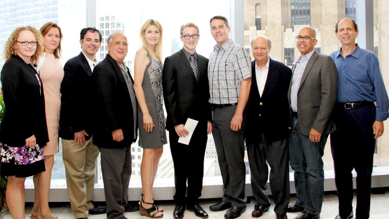 L-R: Pictured L-R are: BMI Foundation President Deirdre Chadwick, Foundation Secretary Antonella DiSaverio, Foundation Vice President Rich Garza, LaGuardia High School’s James Pugliese, Foundation Vice President Samantha Cox, 2014 Theodora Zavin Scholarship winner Samuel Zagnit, Foundation Executive Vice President David Bills, Jonathan Zavin, Foundation Senior Vice President Porfirio Pina and Joshua Zavin.