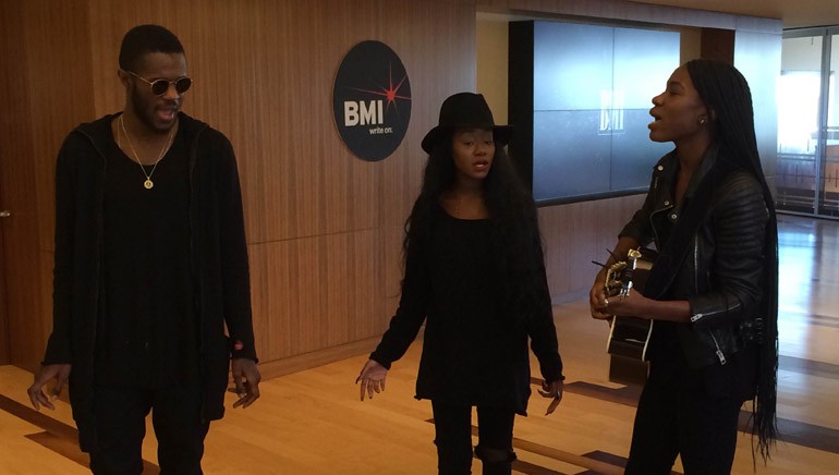 James Davis’ Auston Reynolds, Jess Reynolds and Rey Reynolds perform at BMI’s “Hear It Here First” showcase at the BMI LA office.