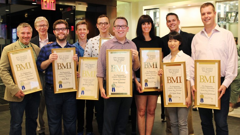 Harrington Award winner Richard Sheinmel, BMI Foundation’s Pat Cook, Harrington Award winner Will Buck, Jean Banks Award winners Joseph Allred Olson & Geoffrey Goldberg, Harrington Award winners Kevin Hammonds & Kristin Bair, BMI Foundation’s David F. Bills, and Harrington Award winners Ok Kyun Kang & Jamie Cowperthwait.