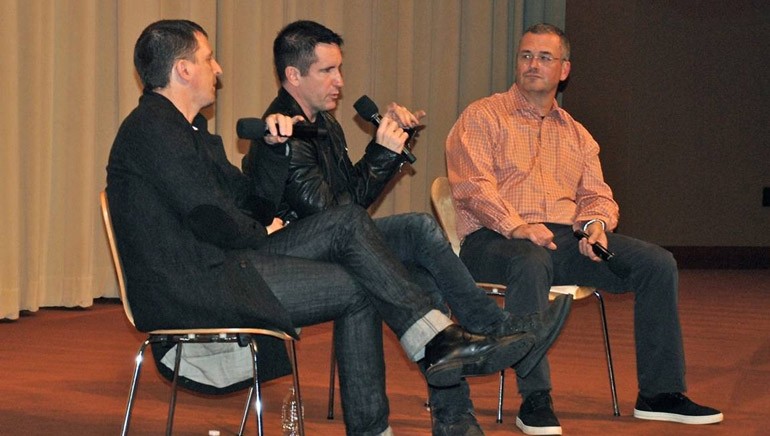 Pictured (L–R): BMI composer Atticus Ross, composer Trent Reznor and Billboard’s Phil Gallo.