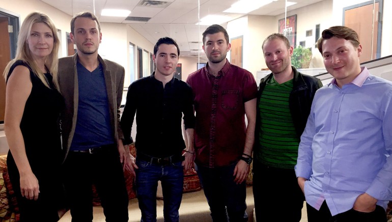 Pictured: (L-R) BMI’s Samantha Cox, Longfellow’s Owen Lloyd, Longfellow’s James Thomas, Longfellow’s Lewis Fowler, BMI’s Brandon Haas and Ooh La La Records’ Theo Aronson.