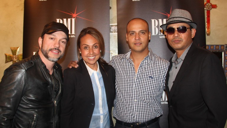 Pictured at BMI’s Noche Bohemia at El Mariachi in Encino, Calif., on Tuesday, October 21, 2014 (L–R): BMI singer-songwriter Edgar Cortazar, BMI’s Delia Orjuela, BMI singer-songwriters Jesus Omar Tarazon and Javier Sanroman.