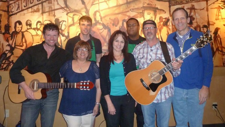 Pictured L-R after their opening night performance are: BMI songwriter Lee Thomas Miller, Starbucks Regional Manager Bertha Gonzaba, Starbucks Store Manager Logan Wohlgemut, Starbucks District Manager Patricia Revollo, Starbucks Barista Eugene Nasis, BMI songwriter Billy Montana and BMI’s Dan Spears.