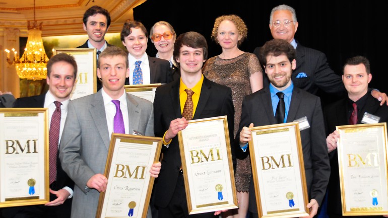 Pictured L-R (front): Michael Boyman (William Schuman Prize Winner - tie), Chris Rogerson, Grant Luhmann, Phil Taylor (William Schuman Prize Winner - tie) and Paul Eddison Lewis (back): Daniel Temkin, Benjamin P. Wenzelberg (Carlos Surinach Prize Winner), Permanent Chair of the Awards Ellen Taaffe Zwilich, BMI’s Executive Director Classical and BMI Foundation President Deirdre Chadwick and BMI President Del Bryant. Not pictured: Student Composer Award Winner Saad Nadim Haddad.
