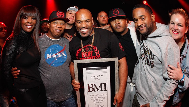 BMI presented DJ Toomp with the Legends of ATL Award at “The Super Producers Summit,” held April 16 in Atlanta. Pictured at the event are BMI’s Catherine Brewton, producer Mannie Fresh, Legends of ATL award recipient DJ Toomp, producer KLC, and BMI’s Byron Wright and Nina Carter.
