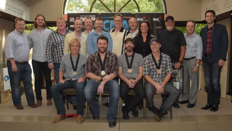 (L-R): (Back row) BMI’s Bradley Collins; CMA’s Brenden Oliver; ASCAP’s Mike Sistad; This Music’s Rusty Gaston; RCA Nashville’s Josh Easler; Warner/Chappell’s Ben Vaughn; Chairman, CEO, Sony Music Nashville Gary Overton; Sony/ATV Tree’s Troy Tomlinson; ASCAP’s LeAnn Phelan; Producer James Stroud; BMI’s Jody Williams; and CMA’s Damon Whiteside. (Front row): BMI songwriter Marv Green, Chris Young, BMI songwriter Paul Jenkins and co-writer Jason Sellers.