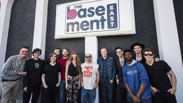 BMI’s Perry Howard poses with members of Joel & The Gents, BMI songwriter Andrea Davidson, The Basement East’s Dave Brown and Mike Grimes and more members of Joel & The Gents before the Eastside Sounds showcase.