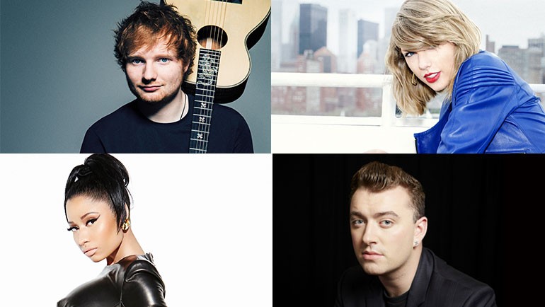Pictured clockwise from top left: Ed Sheeran, Taylor Swift, Sam Smith and Nicki Minaj