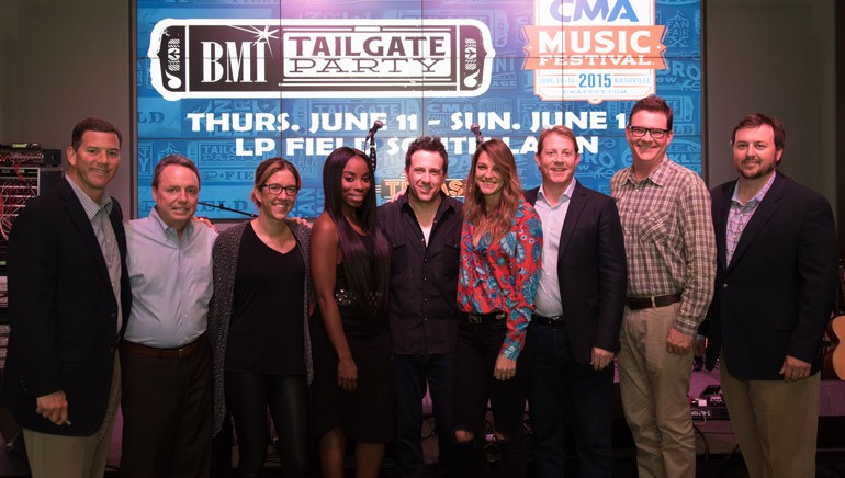 BMI’s Mark Mason, Jody Williams and Penny Gattis pose with BMI songwriters Jessy Wilson of Muddy Magnolias, Will Hoge and Kallie North of Muddy Magnolias and BMI’s Clay Bradley, Perry Howard and Mason Hunter before the official CMA Tailgate Stage lineup announcement party.