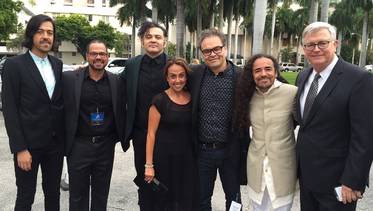 BMI’s Joey Mercado, Delia Orjuela and Phil Graham pose with BMI singer-songwriters Café Tacuba, who were presented with the Icon Award.