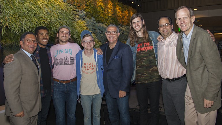 Pictured (L-R) before the performance are: Wolfgang Puck Worldwide President Joseph Essa, The Lonely Biscuits’ Nick Byrd (bass), Grady Wenrich (vocals, guitar) and guitarist Robby Jackson, NRA Chief Innovation & Member Advancement Officer Phil Kafarakis, The Lonely Biscuits’ Sam Gidley (drums), NRA Director of Product Partner Development & Industry Relations Sam Stanovich and BMI’s Dan Spears.