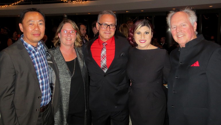 BMI’s Ray Yee,and Alison Smith, publicist Ray Costa, BMI’s Anne Cecere and BMI composer George S. Clinton pose for a photo at SCL’s Holiday Dinner.