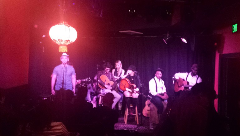 Pictured at BMI’s Acoustic Lounge showcase on January 5, 2015, at Genghis Cohen in Los Angeles (L–R): Dario Black, Cary Singer of Huxlee, Paris Carney, Caitlin Notey of Huxlee, Major and Kerry Marshall.