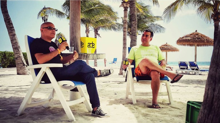 Pictured September 5, 2015, at the Renaissance Hotel in Aruba are Aftercluv DanceLab’s Luis Estrada and BMI’s Brandon Bakshi discussing the industry trends, sounds, possibilities and future visions for electronic dance music.