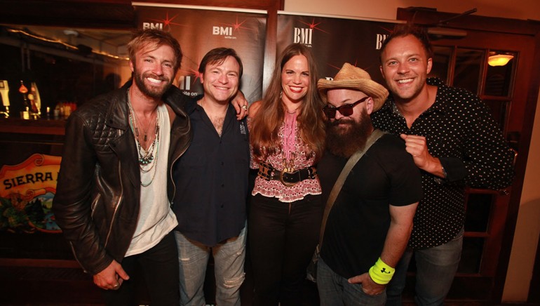 BMI singer-songwriters Paul McDonald, Adam Hood, Bonnie Bishop and Angie Aparo pose with BMI’s David Claassen before the Eddie’s Attic Songwriter Showcase.