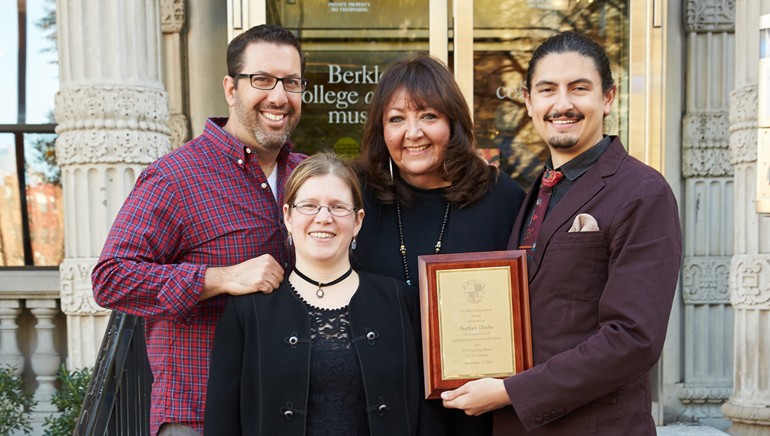 Pictured (L-R back): BMI composer Christopher Lennertz, BMI’s Doreen Ringer-Ross and BMI Film Scoring Scholarship recipient Nathan Drube. (front): Berklee College of Music Film Scoring Department Acting Chair Alison Plante.