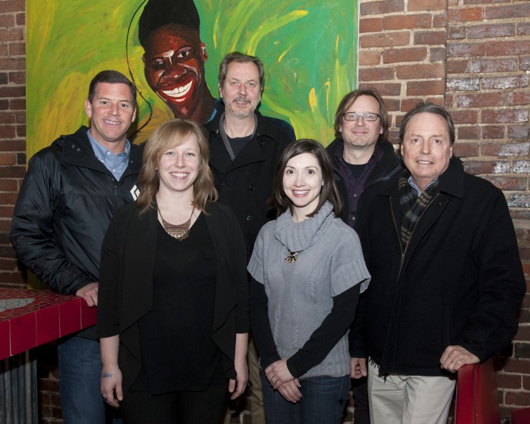 Music industry executives pause for a photo before round one of Road to Bonnaroo kicked off. Ten bands performed before a packed house for the chance to play at the famed Bonnaroo Music and Arts Festival, to be held in Manchester, TN, in June. Pictured: (L-R) Back Row: BMI’s Mark Mason with Mercy Lounge’s John Bruton and Todd Ohlhauser. Front Row: AC Entertainment’s Neeley Rice and Christina Persico with BMI’s Jody Williams. 