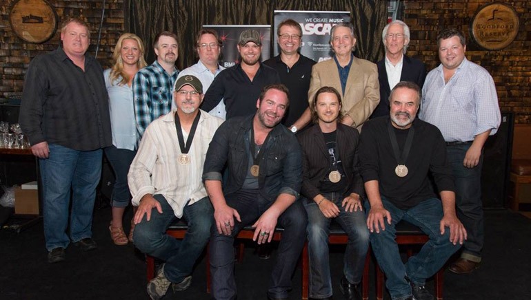 Pictured (L-R back row): ASCAP’s Mike Sistad, Big Yellow Dog’s Danni O’Neill, Amylase’s Ben Vaughn and Whit Jeffords, producers Kyle Jacobs and Matt McClure, Curb Records’ Mike Curb and Jim Ed Norman, BMI’s Bradley Collins. (front row) BMI songwriter David Frasier, BMI singer/songwriter Lee Brice, songwriter Josh Kear and BMI songwriter Ed Hill.