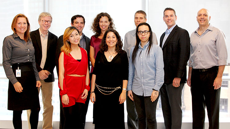 (back) BMI Foundation’s Antonella DiSaverio, Pat Cook, Rich Garza, Amanda Charnley, CCNY's Jonathan Pieslak, David F. Bills, CCNY's Shaugn O'Donnell and (front) Evelyn Buckstein Scholarship winners Jasmine Kok, Berta Moreno, and Winy Taveras.