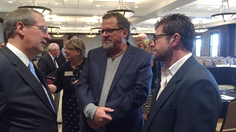 BMI songwriters Bob DiPiero and Lee Thomas Miller talk with House Judiciary Committee Chairman Bob Goodlatte (R-VA) following the Chairman's Listening Session at Belmont University on September 22.
