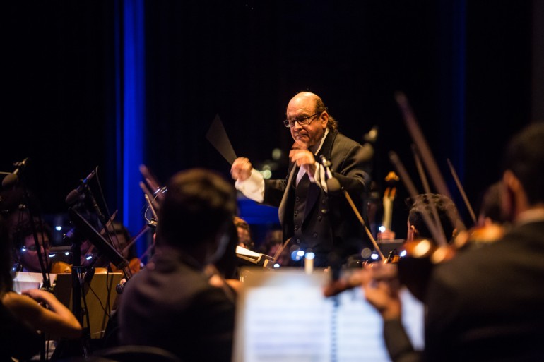 Composer David Michael Frank leads the orchestra through his score of the 1927 film.