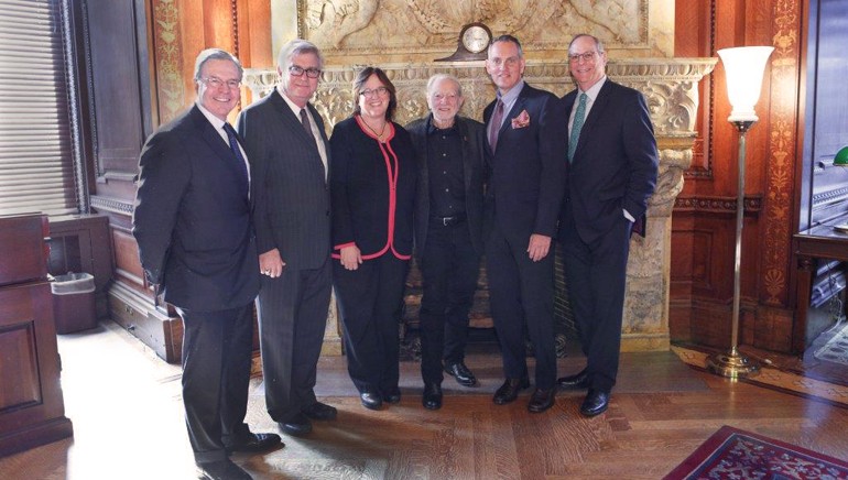 Pictured (L-R) in the Member’s Room of the Library of Congress are: Smith-Free Group’s Jim Free, BMI’s Phil Graham, BMI’s Ann Sweeney, legendary BMI songwriter Willie Nelson, BMI President and CEO Mike O’Neill and BMI’s Charlie Feldman.