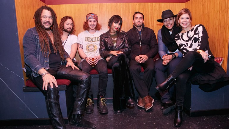 Pictured at Una Noche Bohemia are (L-R): Jackie Cruz and her band The Family Portrait, Nico Farias, Juan Samuel Martinez, and BMI’s Carolina Arenas.