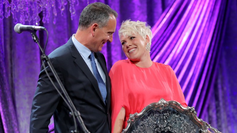 BMI President & CEO Mike O’Neill and honoree P!nk pose with the BMI President’s Award during the 63rd Annual BMI Pop Awards