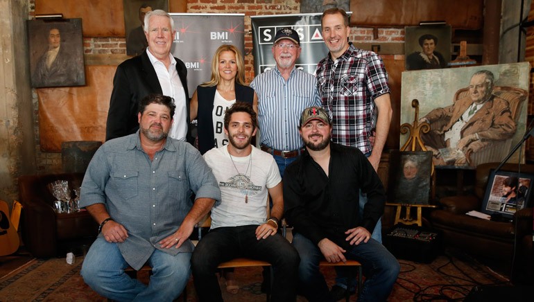 Pictured (L-R) Back row: Valory Music Co.’s George Briner, BMI’s Leslie Roberts, SESAC’s Tim Fink, Bill Butler Music’s Bill Butler and Sony/ATV’s Tom Luteran. Front row: Songwriter Larry McCoy with BMI songwriters Thomas Rhett and Bart Butler.