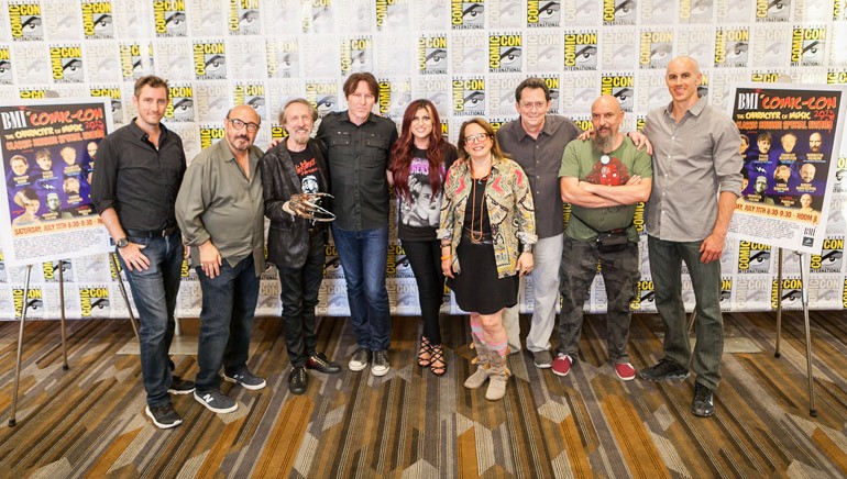 “The Character of Music” panelists pose in the press room. (L to R) are: Co-moderator Chandler Poling (President, Krakower Poling PR), BMI composer Harry Manfredini (“Friday the 13th”), composer Charles Bernstein (“Nightmare on Elm Street”), BMI composer Tyler Bates (“Dawn of the Dead”), co-moderator and BMI Director of Film/TV Relations Anne Cecere, BMI Composer Laura Karpman (“Carrie”), BMI Composer Richard Band (“Re-Animator”), BMI composer Maurizio Guarini of Goblin (“Suspiria”) and actor Douglas Tait (“Jason” in “Freddy vs Jason”)