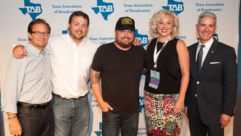 Pictured at the reception are HD Radio Senior Vice President Marketing and Broadcast Business Joe D’Angelo, BMI’s Mason Hunter, BMI songwriter Randy Rogers, Senior Vice President CBS Radio Houston and TAB Board Member Sara Frazier and TAB President Oscar Rodriguez. 