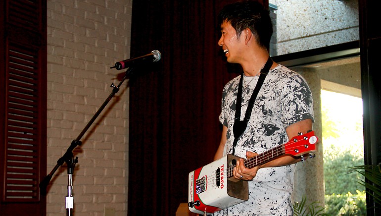 BMI songwriter Jake Shimabukuro tests out a custom Bohemian Guitars ukulele. The Atlanta-based company presented Jake with the instrument after his performance in the BMI Nashville office.