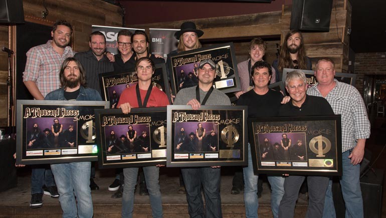 Pictured: (L-R): (back row): Warner Chappell’s Travis Carter, Sony/ATV’s Josh VanValkenburg, BMI’s Perry Howard, A Thousand Horses member Zach Brown with bandmate and BMI songwriter Michael Hobby and bandmates Bill Satcher and Graham Deloach. (Front row): Producer Dave Cobb, BMI songwriter Ross Copperman, songwriter Jon Nite, Big Machine’s Scott Borchetta, Republic Nashville/Big Machine Label Group’s Jimmy Harnen and ASCAP’s Mike Sistad.