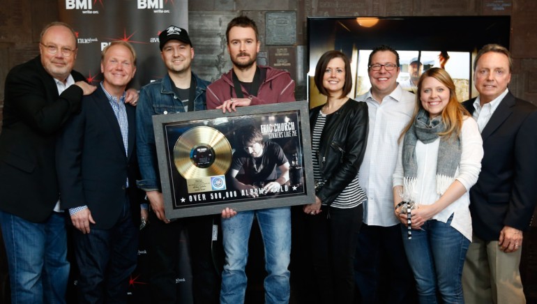 Pictured (L-R): EMI Nashville’s Mike Dungan, Sony/ATV’s Troy Tomlinson, BMI songwriters Luke Laird and Eric Church, Creative Nation’s Beth Laird, Universal Publishing Kent Earls, Little Louder Music’s Whitney Parker, BMI’s Jody Williams.