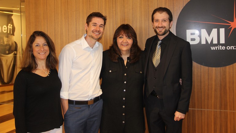 Pictured (L-R) are: UCLA Extension Program Director Pascale Cohen-Olivar, UCLA Extension Music Program Representative Zeph Nowland, BMI’s Doreen Ringer Ross and BMI/Jerry Goldsmith Film Scoring Scholarship recipient Martin Ulikhanyan.