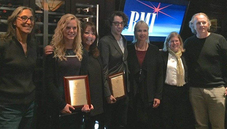 Pictured (L-R) during the BMI scholarship presentation are: Emmy-nominated BMI composer Miriam Cutler, scholarship recipient Victoria Ruggiero, BMI’s Doreen Ringer-Ross, scholarship recipient Vincent Isler, Emmy-winning BMI composer Lolita Ritmanis, Chair of Berklee’s film scoring department and award-winning BMI composer Alison Plante and President of Berklee College of Music, Roger Brown.